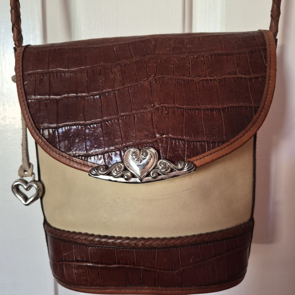 Vintage BRIGHTON Brown and Tan Crossbody Bag with Heart Accent
